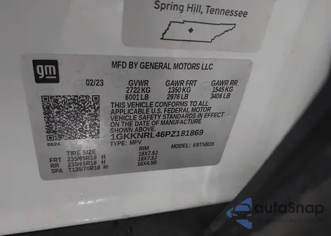 2023 GMC Acadia Awd Sle z USA, uszkodzony, nr VIN 1GKKNRL46PZ181869